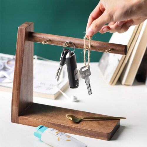 Black Walnut Wood Key Hook Home Entrance Desktop Organizer Shelf Holder Jewelry Natural Solid Wooden Rack Household Decoration