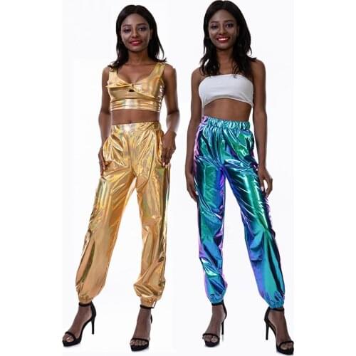 Laser Holographic Casual Long Pants Women Wet Look High Waist Loose Jogger Pants With Pockets Summer Hip Hop Party Club Trousers