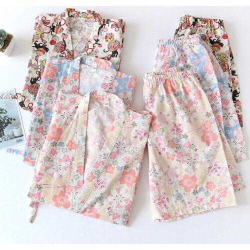 2pcs Summer Pajamas women cotton short-sleeve kimono Japanese style V-neck suit thin section cute fresh sleepwear sweet homewear