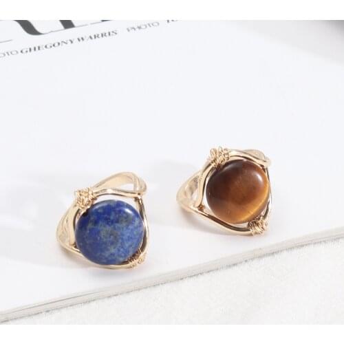 Copper Wire Wrap Lapis Lazuli Tiger Eye Quartz Natural Stone Rings Fashion Inner Dia 1.7cm Gold Color Brincos Jewelry for Women
