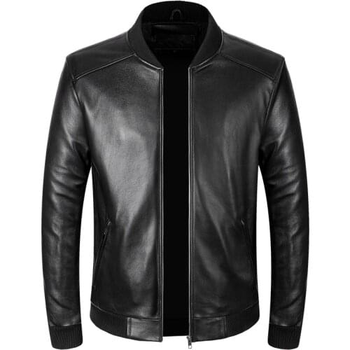 Mens Genuine Leather Casual Baseball Jacket Men Real Sheepskin Leather Coat Pure Black Stand Collar Spring And Autumn Short Slim