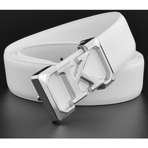 New white mens leather belt smooth buckle business cow leather belt leisure middle aged and young trousers belt letter K