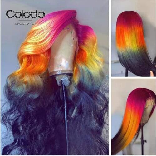 Ombre Lace Front Human Hair Wig Pre Plucked With Baby Hair Brazilian Remy Pink Orange Black Transparent Wigs for Women