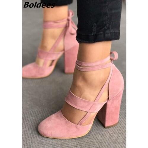 Classy Pink Suede Cut-out Block Heel Shoes Sweet Chunky Heel Round Toe Lace Up Pumps Pretty Girls Comfy Dress Shoes New Arrival