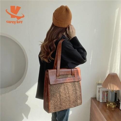 CAREY KAY Women Large-Capacity Retro Leopard Tote Bags 2021 New Square Shoulder Bag Student PU Handbag Luxury Designer Solid Bag