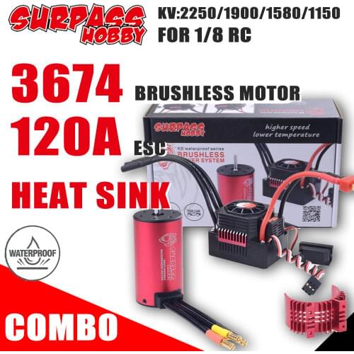 Surpass Hobby ESC KK Waterproof Brushless Motor 3674 1150 1900 2250 KV with 120A ESC Heat Sink for 1/10 1/8 RC Car Tamiya Axial