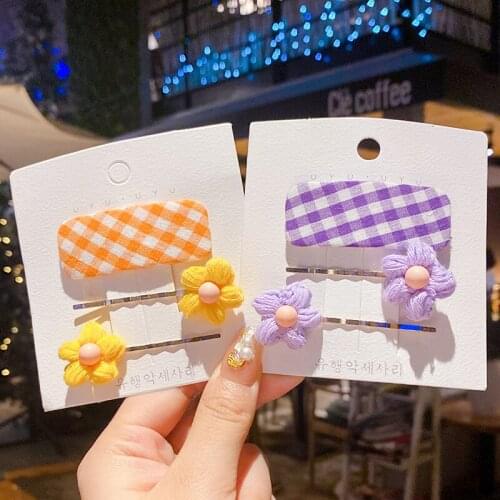 3 Pcs/Set Children Cute Colors Knitting Flower Ornament Hair Clips Girls Rectangle Plaid Barrettes Hairpins Kid Hair Accessories