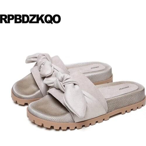 Women Sandals Flat Summer 2018 Bowtie Slides Platform Flatform Cute Kawaii Pumps Harajuku Open Toe Shoes Slip On Bow Wide Fit