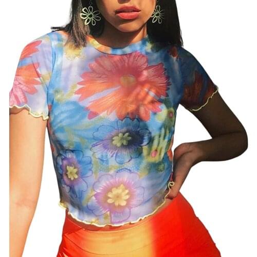 Women Close-fitting T-shirt Blue Floral Printed Pattern Short Sleeve Round Collar Crop Tops