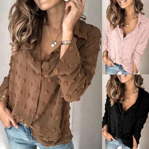 Women‘s Shirt Long Sleeve Turn-Down Collar V-Neck Jacquard Shirt Loose Casual Solid Color Chiffon Tops and Blouses Plus Size