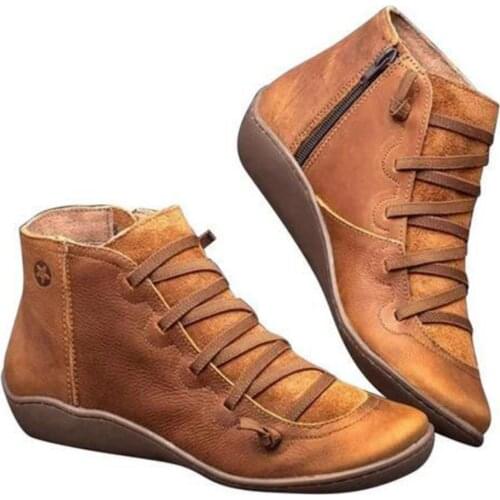 Womens PU Leather Ankle Boots Women Autumn Winter Cross Strappy Vintage Women Punk Boots Flat Ladies Shoes Woman Botas Mujer 4