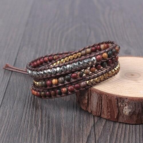 Natural Picasso Stone Wrap Bracelets for Women Boho Gold Color Silver Colour Metal Beads Ethnic Bracelet Jewelry Handmade Gift