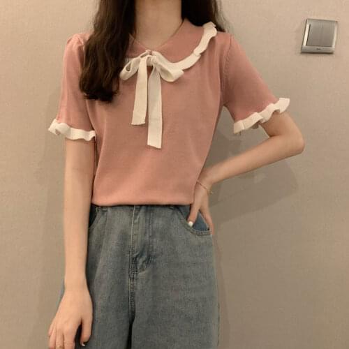 Woman TShirts Womens Short-Sleeved T-shirt Summer Girl Bow Ruffled Collar Top Crop Top Mujer Camisetas