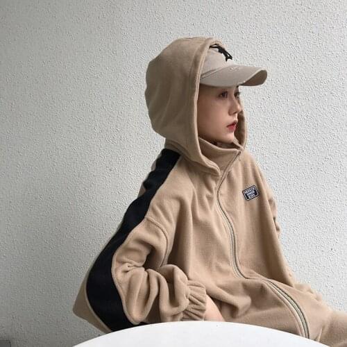 Women Autumn Winter Fleece Hooded Zip-up Hoodie Warm Long Sleeve Stand Collar Hoody Loose Straight Sweatshirt