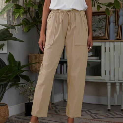 Women Straight Pants Comfort Solid Cotton Drawstring Pants Casual Loose Straight Pants Ladies Long Trousers Plus Size 4XL