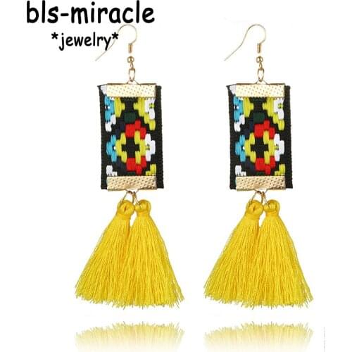 Bls-miracle Bohemian Long Tassel Pendant Earrings Ethnic Style Geometric Rectangle Ribbon Earring For Woman Gift wholesale E451