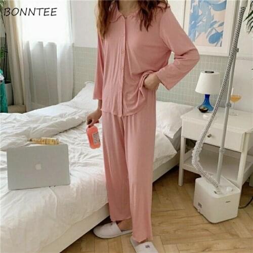Solid Pajama Sets Women Single Breasted Pink Elegant Korean Style Chic Trendy Simple Sweet Cute Female Clothing Leisure Comfort
