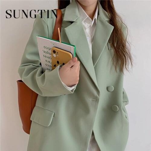 Sungtin Office Lady Long Sleeve Loose Blazers for Women Korean Chic Green Oversized Suit Jackets Double Breasted Suit Coats OL