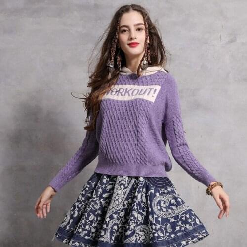 Womens Winter New Hooded Sweater Vintage Letter Color Blocking Long Sleeve Base T-shirt