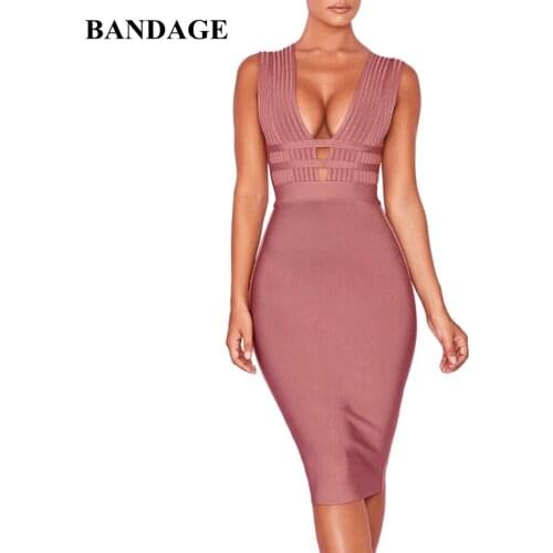 Sexy V Neck Off Shoulder Women Bandage Dress Bodycon Backless Midi Dresses Celebrity Party Club Sexy Sleeveless Vestidos HL