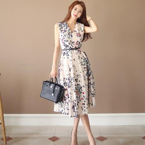 High Quality Summer Knee Length Dress Women Floral Print Dress V-Neck Short Sleeve Retro Elegant Sexy A-Line Dress
