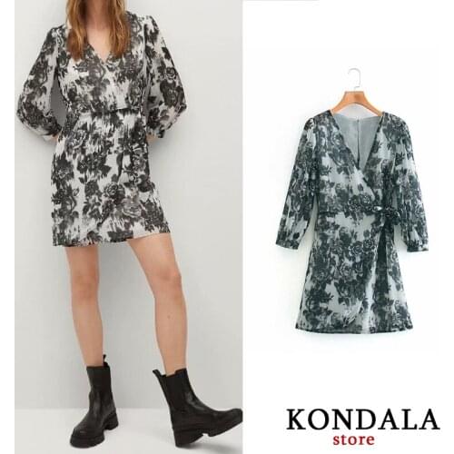 KONDALA Women Dress Za Vintage Floral Print V-Neck Sashes Mini Dress Long Sleeve A-Line Dress Female Stylish Mujer Vestidos
