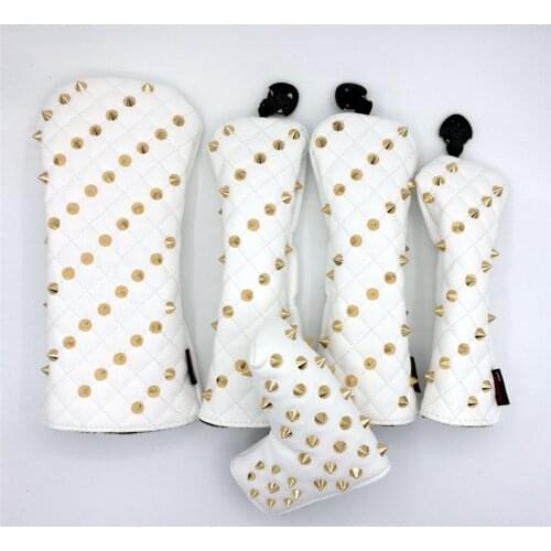[Gold Rivets] Premium Golf Headcovers Golf Driver Fairway Woods Hybrid Putter Covers Complete Set 2 Colors Mascot Novelty Gift