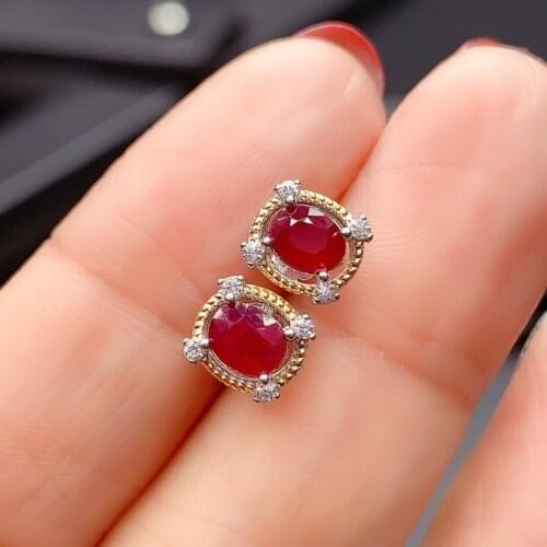 925 Sterling Silver Natural Ruby Earrings New Trendy Ladies Ear Stud Support Test