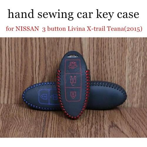 Only Red Genuine quality leather car key case cover Hand sewing DIY fit for NISSAN 3 button Livina Xtrail Teana(2015) new coming