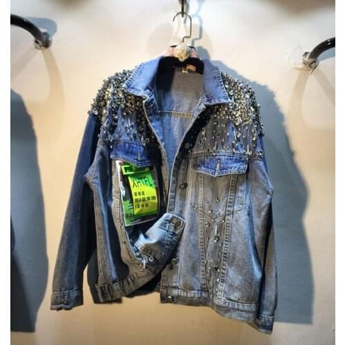 European Autumn New Heavy Industry Diamond-studded Bead Loose and Thin Denim Jacket Coats Women Fashion Streetwear 2021