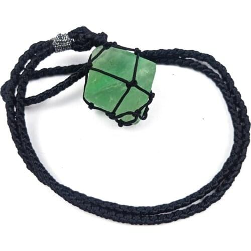 FYSL Handmade Weave Irregular Shape Green Fluorite Stone Pendant Rope Chain Necklace Trendy Jewelry