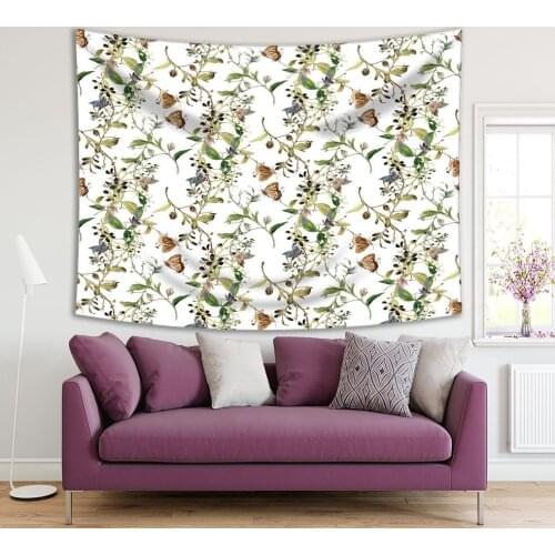 Tapestry Leaves Flowers and Butterflies Spring Garden Countryside Nature Brown Green Artwork Printed