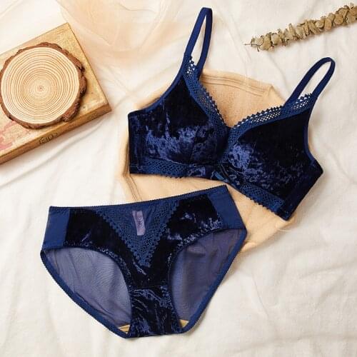 Velvet underwear womens push up sexy winter bra underpants suit deep v sexy lace wire free lingerie cute bow ladies bralette