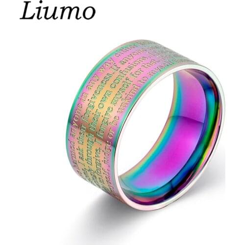 Liumo Trendy Colorful Rainbow Color Buddha Sign Engraving Letters Man 316L Stainless Steel Ring Lr1035