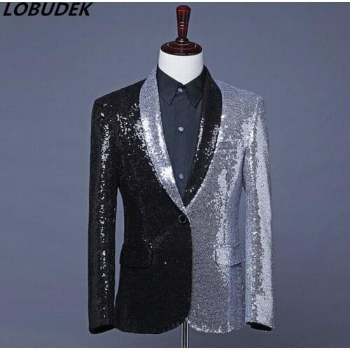 Men Silver Black Splicing Sequins Blazer Fashion Slim Suit Jackets Shawl Collar One Button Coat Singer Nightclub Stage Costume