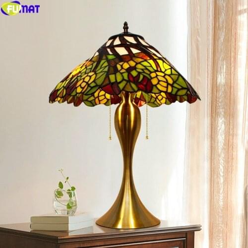 FUMAT Tiffany Country Style Desk Lamp Orchid Stained Glass Table Light Pull Chain Switch Alloy Gold Frame Decoration Lighting