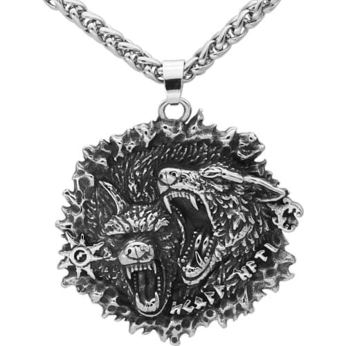 Odin wolf Geri and Freki amulet rune viking necklace Stainless steel with valknut gift bag