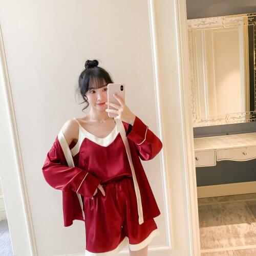 Full Slip Sleepwear Women 3 Pieces Satin Pajamas Patchwork Trim Cami and Shorts Soft PJS with Belted Robe M-XXL Night Suit Bride