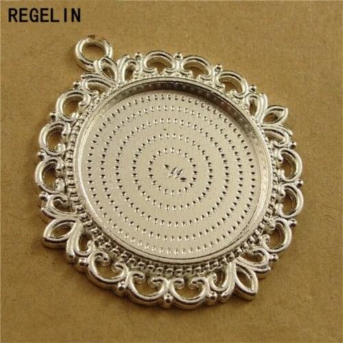 REGELIN Antique Silver/Silver Color Pendant Settings Cabochon Base Bezel 10pcs Fit 25mm Cabochons Cameo DIY Pendant Necklace