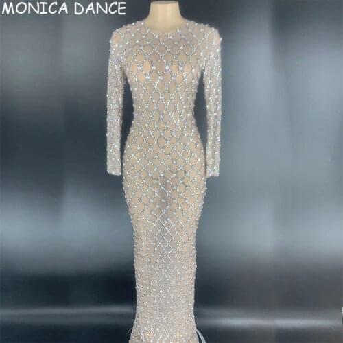 Sexy Nightclub Silver Sparkly Rhinestones Transparent Dress Nude Mesh Birthday Celebrate Outfit Women Bar Dance Long Dress