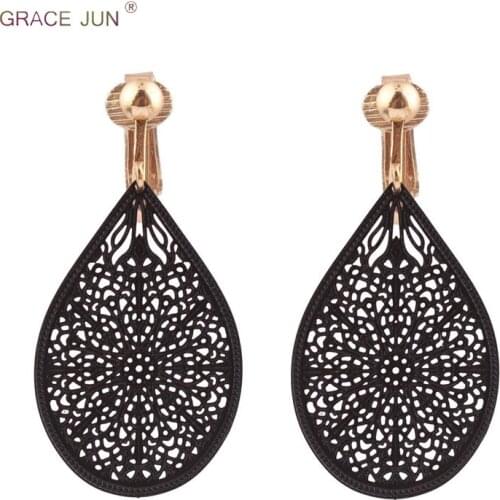 GRACE JUN New Copper Material Water Drop Flower Pattern Clip on Earrings No Pierced for Women Party Lightweight Cuff Earrings