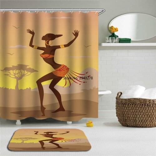 2pc Set Indian Africa Woman Shower Curtains Set Bathroom Waterproof Polyester With Rectangle Non-slip Floor Mat Bath Curtain Set