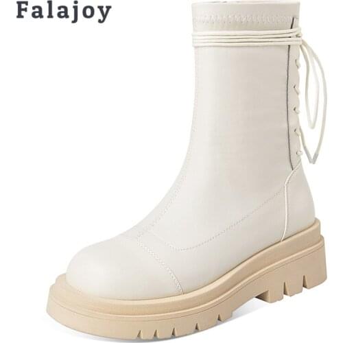 Falajoy Strappy Platform Combat Boots for Women Cross Tie Fashion Brand Ankle Booties White Black Winter 2021 Plus Size 41 43