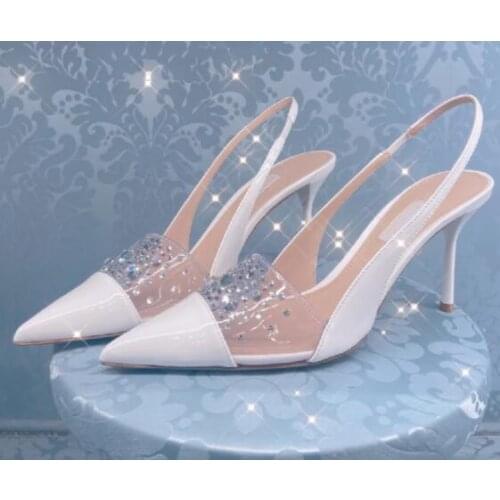Moraima Snc Newest PVC Patchwork High Heel Shoes Crystal Embellished Thin Heels Wedding Shoes Women Slingback Party Dress Shoe