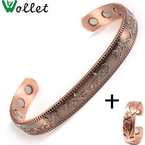 Wollet Jewelry Set Bio Magnetic Pure Copper Bangle Bracelet Ring Women Classic Plum Flower Arthritis Healthy Energy Tibetan