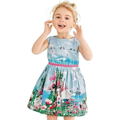 1-8 Years Girl Summer Flower Printed Dress Clothes Kids Sky Blue Party Princess Birthday Dress Clothing Mobile Phone Straps