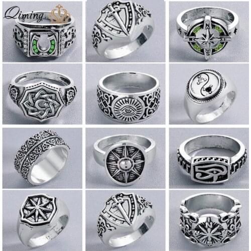 Nordic Pagan Viking Punk Ring Womens Slavic Amulet Zircon Swords Compass Antique fashion Vintage Men Jewelry Finger Ring Gift