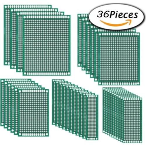 HOBBYMATE 36 Pcs Double Sided PCB Board Prototype Kit for DIY Soldering and Electronic DIY projects, 5 Sizes