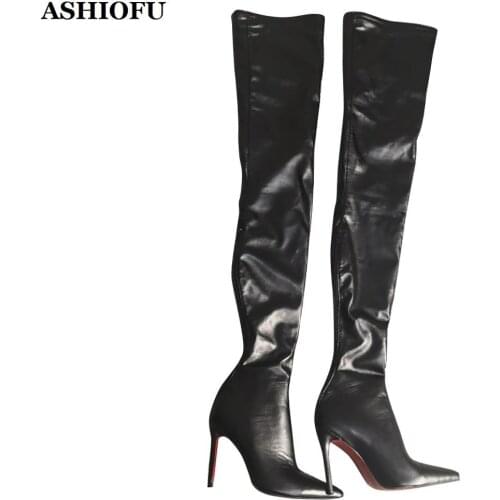 ASHIOFU New Arrival Real Photos Ladies High Heel Boots Sexy Club Thigh High Boots Winter Stripper Evening Fashion Boots Shoes