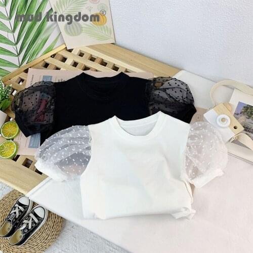 Mudkingdom T-shirts Girls Mesh Push Flared Sleeves Wave Point Casual Shorts for Toddler Drop Shoulder Tops Summer Clothes